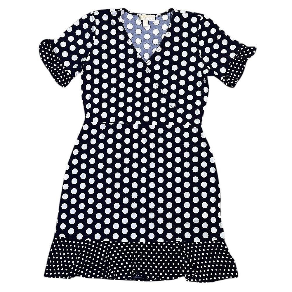 Michael Kors Ruffle Sleeve & Hem V-Neck Navy Blue & White Polka Dot Dress M